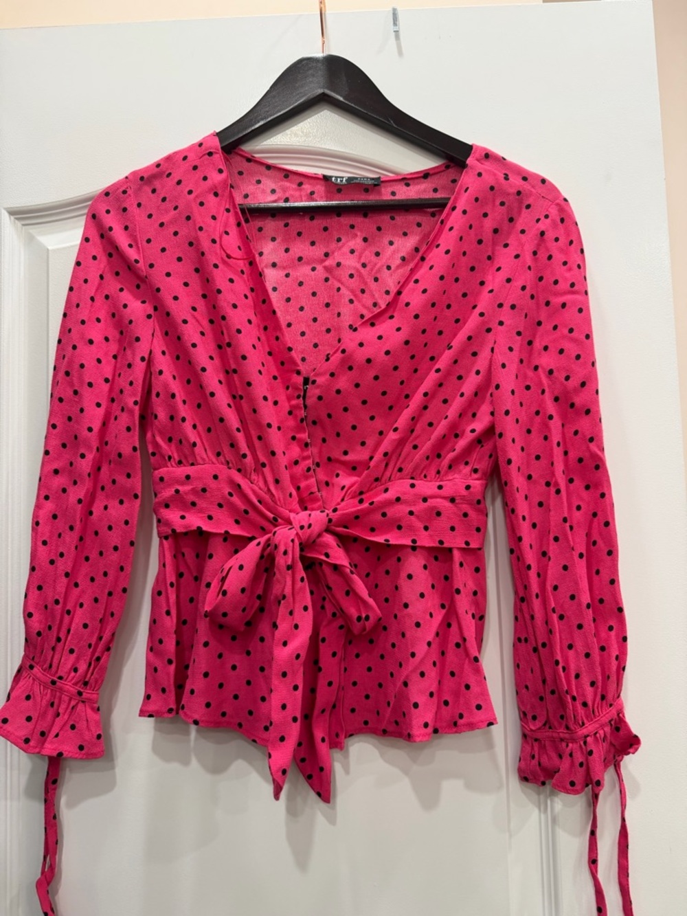 Zara Hot Pink Polka Dot Tie-Waist Blouse